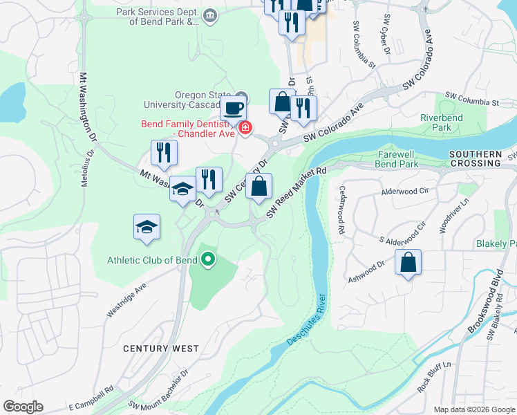map of restaurants, bars, coffee shops, grocery stores, and more near 1080 Southwest Mount Bachelor Drive in Bend