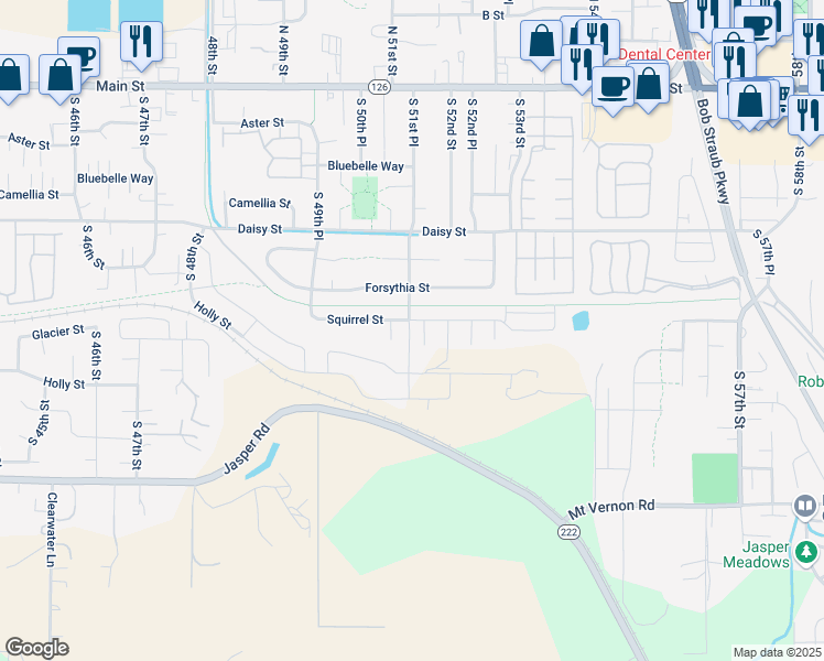 map of restaurants, bars, coffee shops, grocery stores, and more near 5127 Forsythia Street in Springfield