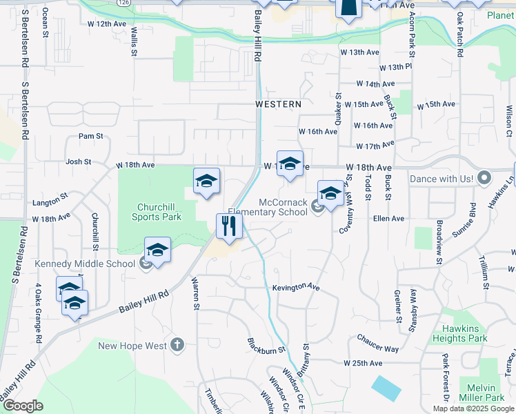 map of restaurants, bars, coffee shops, grocery stores, and more near 3800 Westleigh Street in Eugene