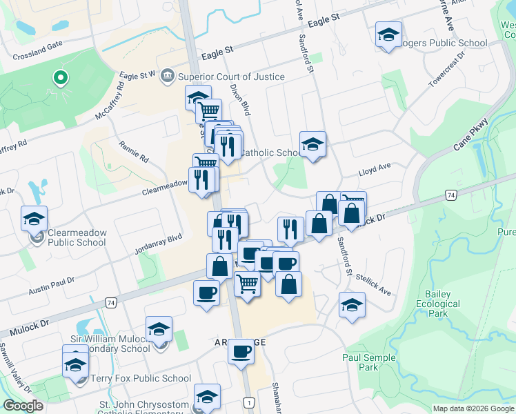map of restaurants, bars, coffee shops, grocery stores, and more near 106 Brandy Lane Way in Newmarket