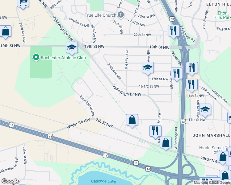 map of restaurants, bars, coffee shops, grocery stores, and more near 2120 Valleyhigh Drive Northwest in Rochester