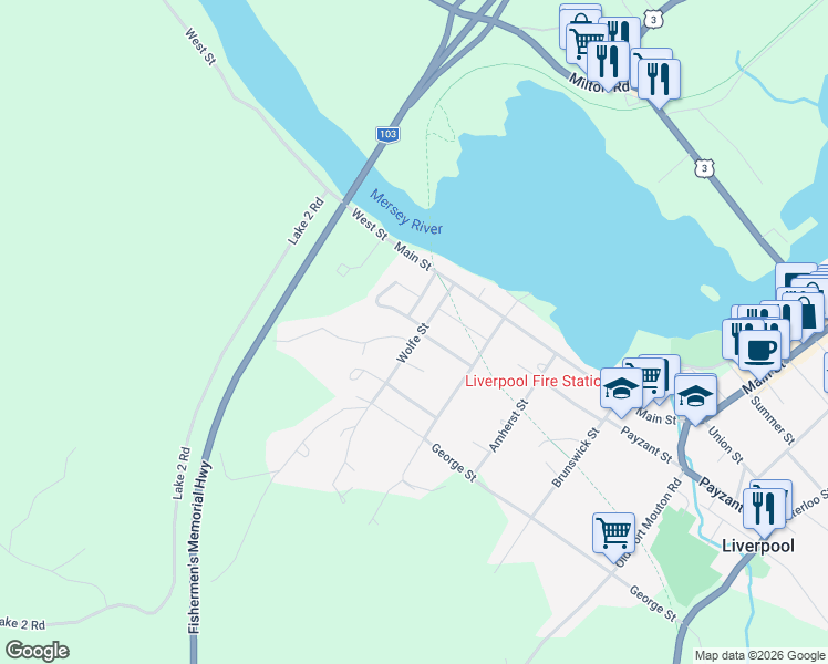 map of restaurants, bars, coffee shops, grocery stores, and more near 52 Wolfe Street in Milton