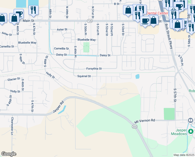 map of restaurants, bars, coffee shops, grocery stores, and more near 5127 Forsythia Street in Springfield