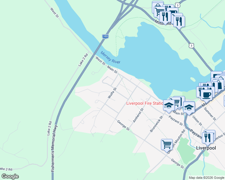 map of restaurants, bars, coffee shops, grocery stores, and more near 52 Wolfe Street in Milton