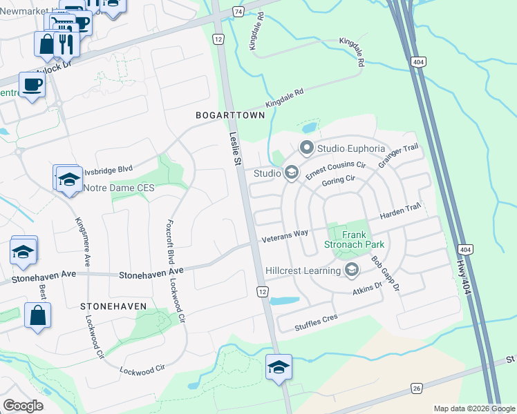 map of restaurants, bars, coffee shops, grocery stores, and more near 1015 Ralston Crescent in Newmarket