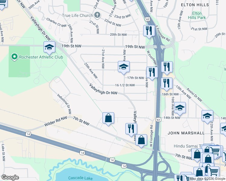 map of restaurants, bars, coffee shops, grocery stores, and more near 2014 Valleyhigh Drive Northwest in Rochester