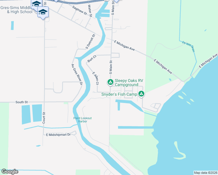 map of restaurants, bars, coffee shops, grocery stores, and more near 830 South Main Street in Au Gres