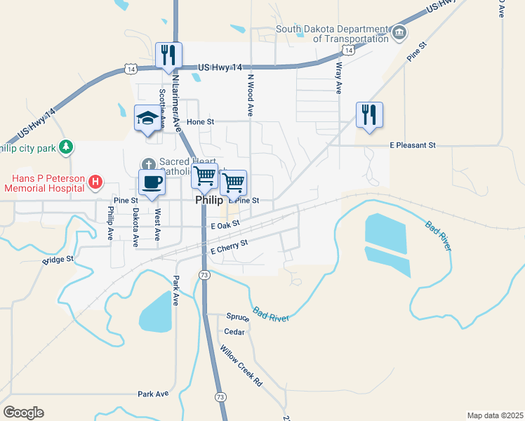map of restaurants, bars, coffee shops, grocery stores, and more near East Oak Street in Philip