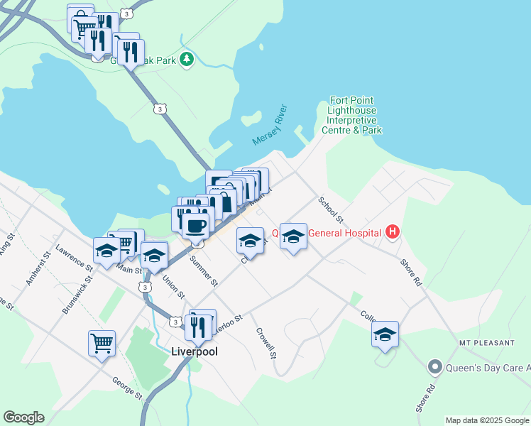 map of restaurants, bars, coffee shops, grocery stores, and more near 149 Main Street in Liverpool