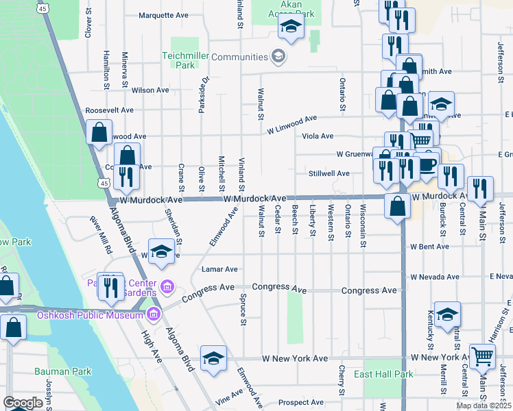 map of restaurants, bars, coffee shops, grocery stores, and more near 1702 Spruce Street in Oshkosh