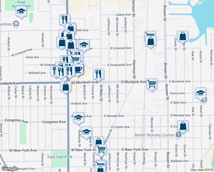 map of restaurants, bars, coffee shops, grocery stores, and more near 1728 Jefferson Street in Oshkosh