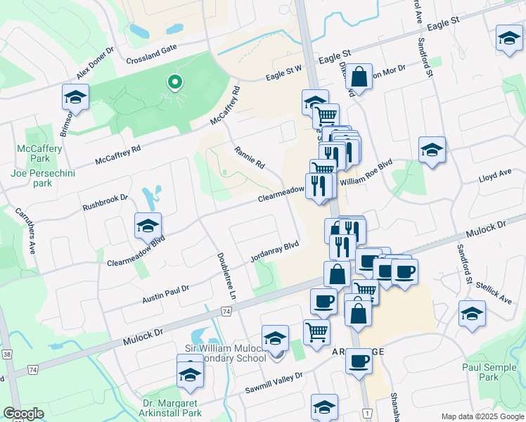 map of restaurants, bars, coffee shops, grocery stores, and more near 484 Menczel Crescent in Newmarket