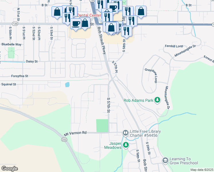 map of restaurants, bars, coffee shops, grocery stores, and more near 5695 Glacier Drive in Springfield