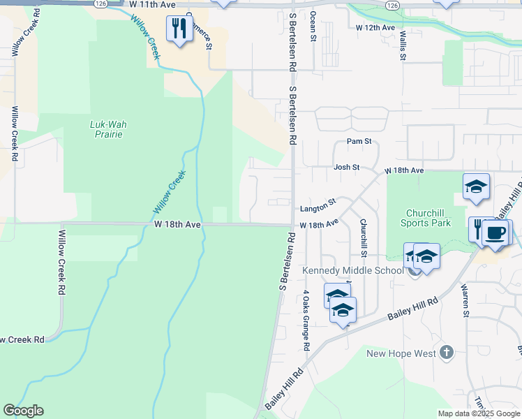 map of restaurants, bars, coffee shops, grocery stores, and more near 4121 West 18th Avenue in Eugene