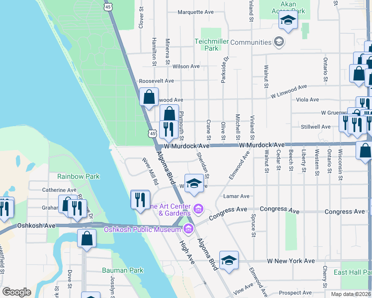 map of restaurants, bars, coffee shops, grocery stores, and more near 1717 West Murdock Avenue in Oshkosh