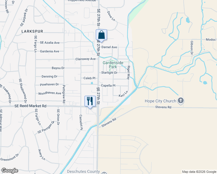 map of restaurants, bars, coffee shops, grocery stores, and more near 61637 Vega Street in Bend