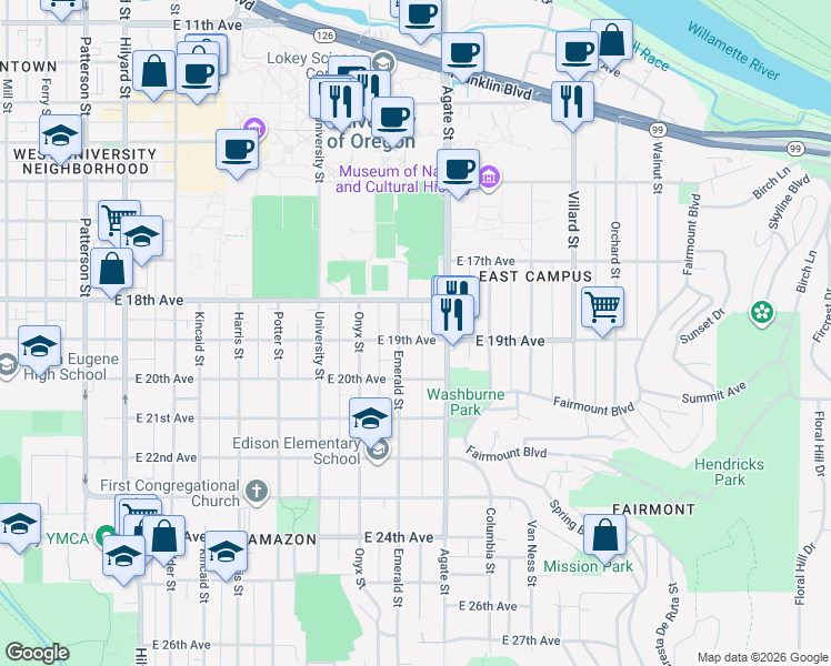 map of restaurants, bars, coffee shops, grocery stores, and more near 1939 Agate Alley in Eugene