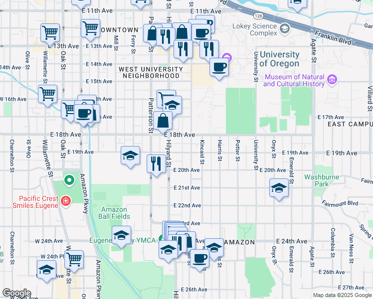 map of restaurants, bars, coffee shops, grocery stores, and more near 746 East 19th Avenue in Eugene