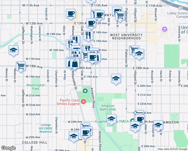 map of restaurants, bars, coffee shops, grocery stores, and more near 285 East 19th Avenue in Eugene