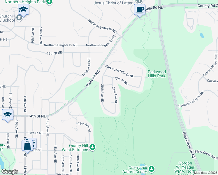 map of restaurants, bars, coffee shops, grocery stores, and more near 2017 15th Street Northeast in Rochester