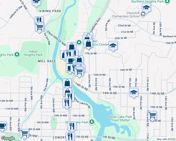 map of restaurants, bars, coffee shops, grocery stores, and more near 1541 2nd Avenue Northeast in Rochester