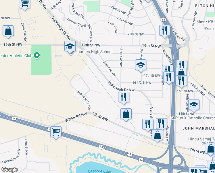 map of restaurants, bars, coffee shops, grocery stores, and more near 2120 Valleyhigh Drive Northwest in Rochester