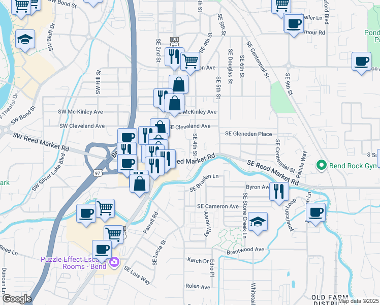 map of restaurants, bars, coffee shops, grocery stores, and more near Southeast Leonel Lane in Bend