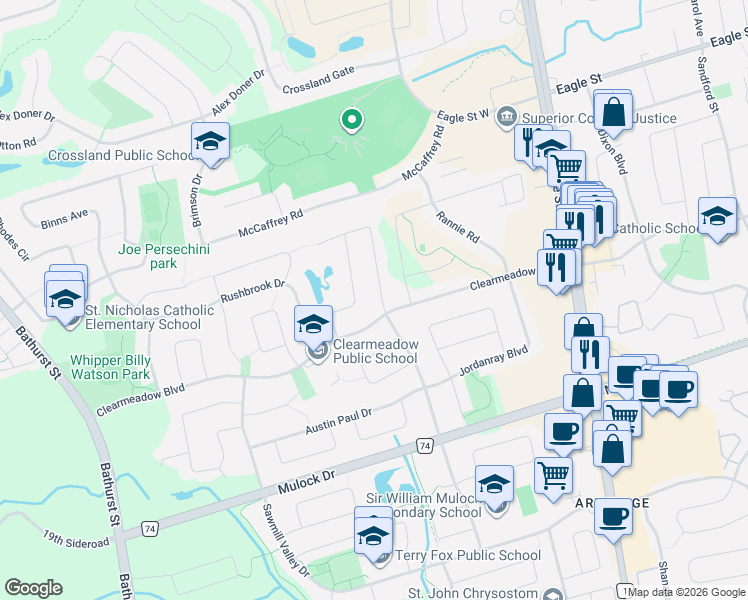 map of restaurants, bars, coffee shops, grocery stores, and more near 440 Flanagan Court in Newmarket