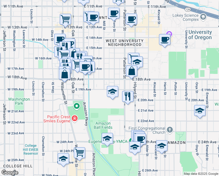 map of restaurants, bars, coffee shops, grocery stores, and more near 459 East 19th Avenue in Eugene