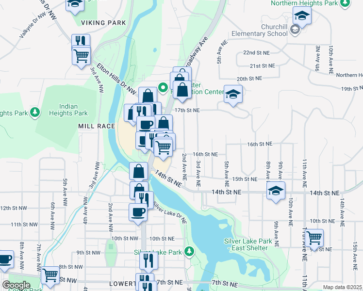 map of restaurants, bars, coffee shops, grocery stores, and more near 1541 2nd Avenue Northeast in Rochester
