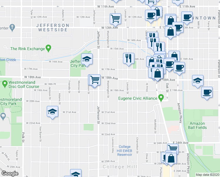 map of restaurants, bars, coffee shops, grocery stores, and more near 487 West 19th Avenue in Eugene