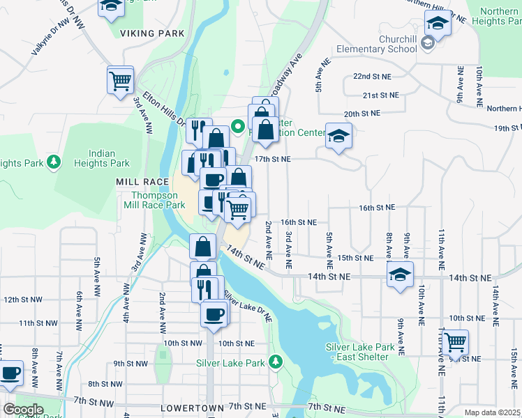 map of restaurants, bars, coffee shops, grocery stores, and more near 109 16th Street Northeast in Rochester