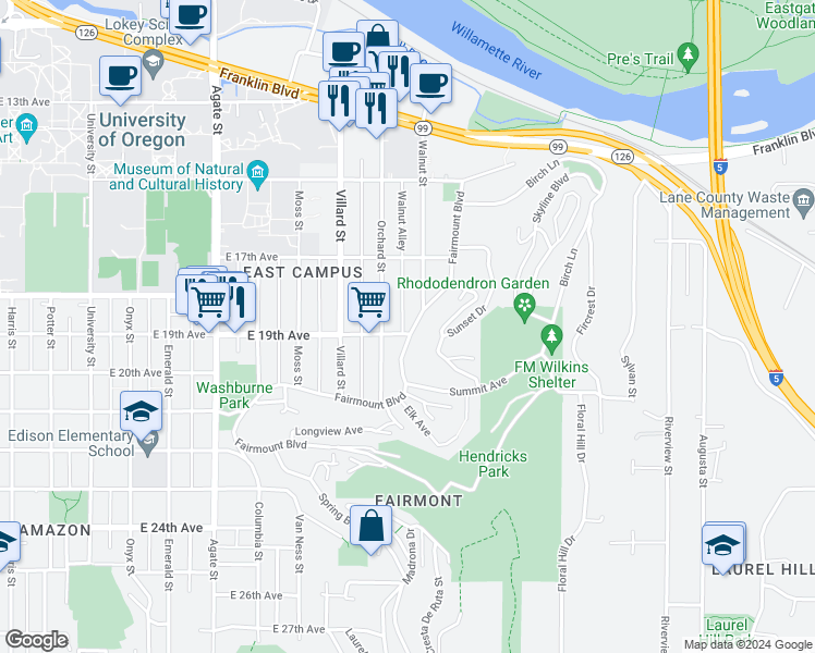 map of restaurants, bars, coffee shops, grocery stores, and more near 1892 Fairmount Boulevard in Eugene