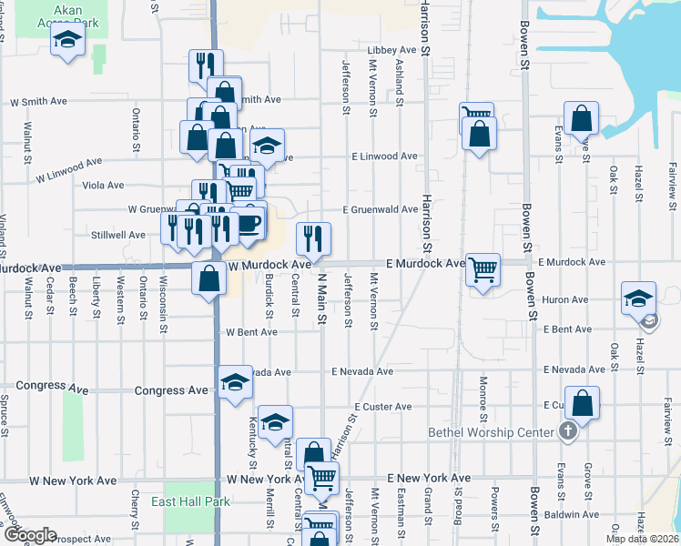map of restaurants, bars, coffee shops, grocery stores, and more near 1728 Jefferson Street in Oshkosh