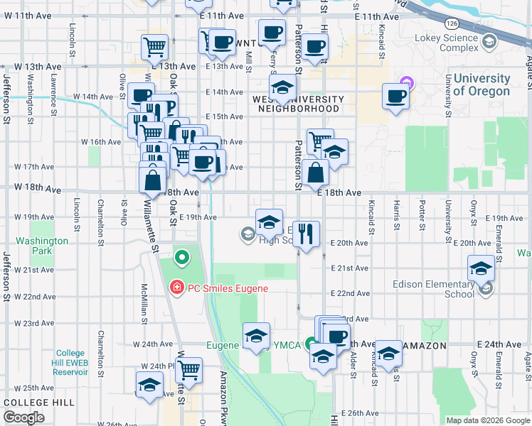 map of restaurants, bars, coffee shops, grocery stores, and more near 475 East 19th Avenue in Eugene