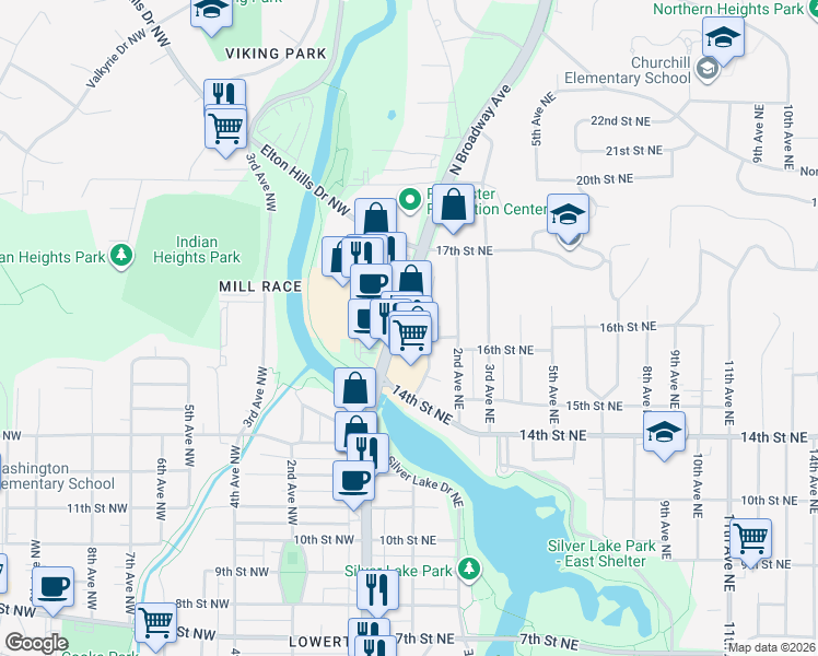 map of restaurants, bars, coffee shops, grocery stores, and more near 1512 North Broadway Avenue in Rochester
