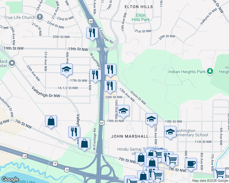 map of restaurants, bars, coffee shops, grocery stores, and more near 1526 16th Street Northwest in Rochester