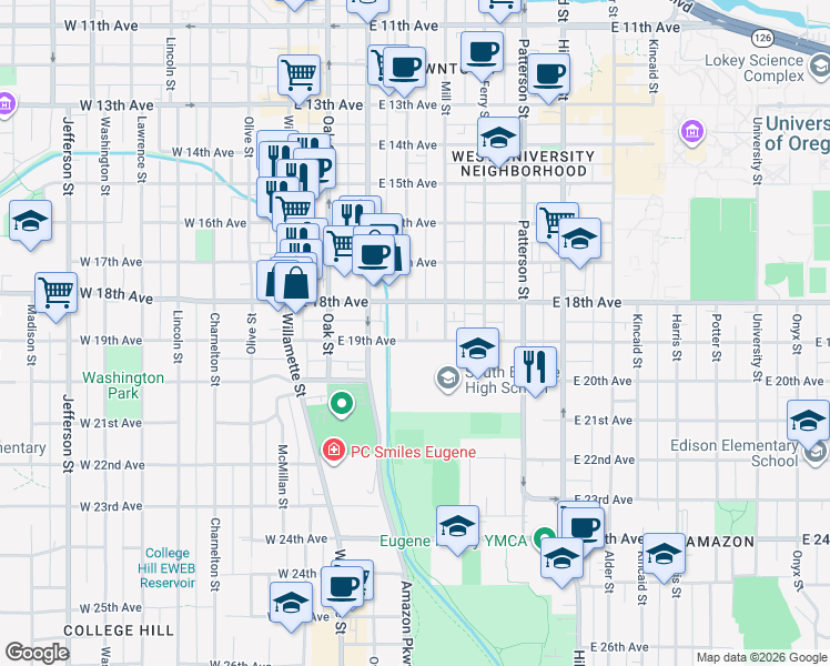 map of restaurants, bars, coffee shops, grocery stores, and more near 285 East 19th Avenue in Eugene