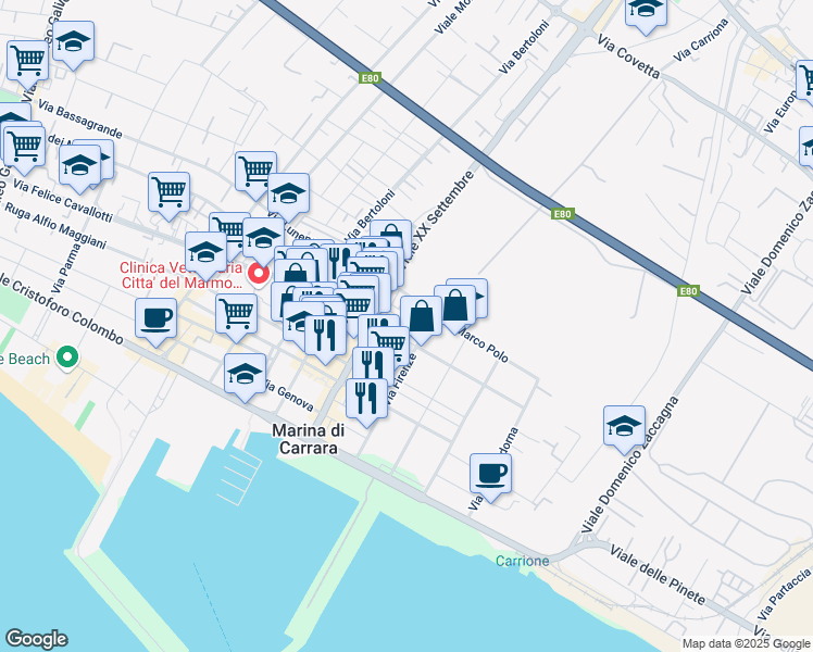 map of restaurants, bars, coffee shops, grocery stores, and more near 11A Via San Giuseppe in Carrara