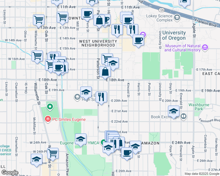 map of restaurants, bars, coffee shops, grocery stores, and more near 1942 Hilyard Street in Eugene