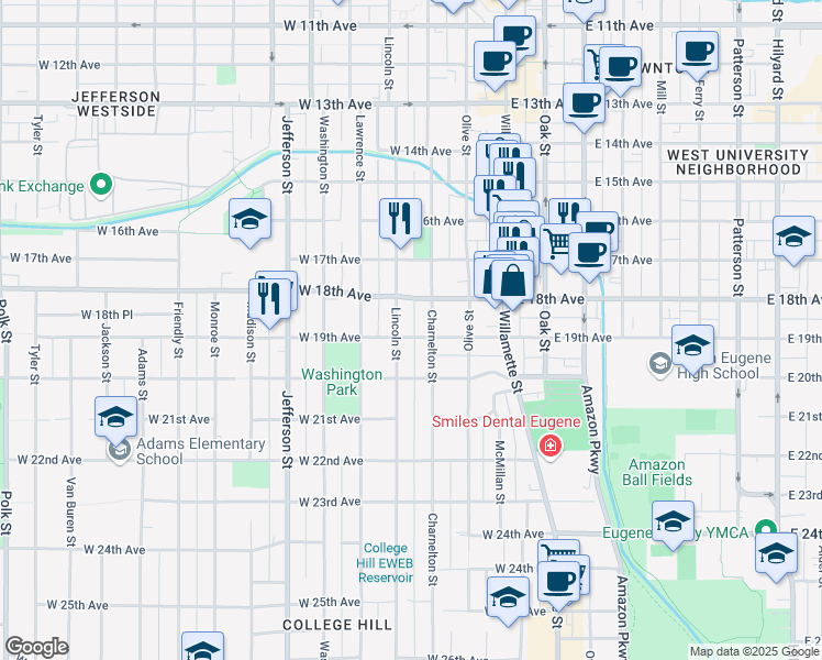 map of restaurants, bars, coffee shops, grocery stores, and more near 259 West 19th Avenue in Eugene