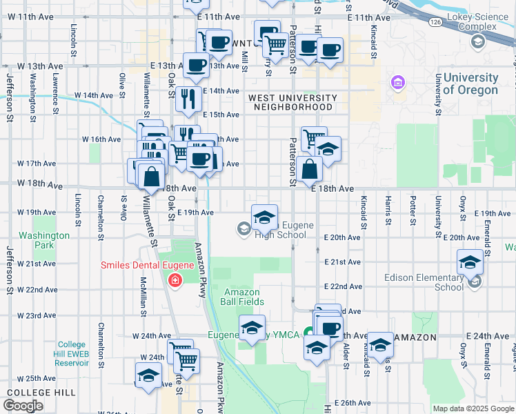 map of restaurants, bars, coffee shops, grocery stores, and more near 1891 Ferry Alley in Eugene