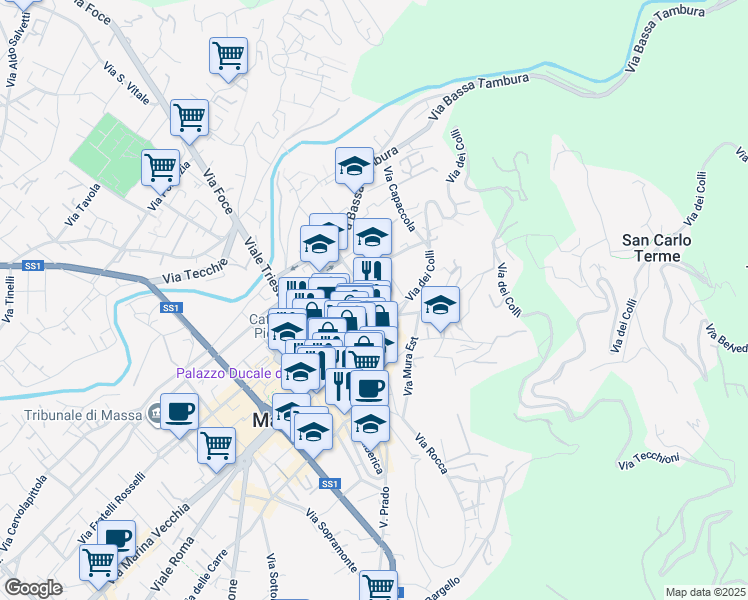 map of restaurants, bars, coffee shops, grocery stores, and more near 8 Via Mura Nord in Massa