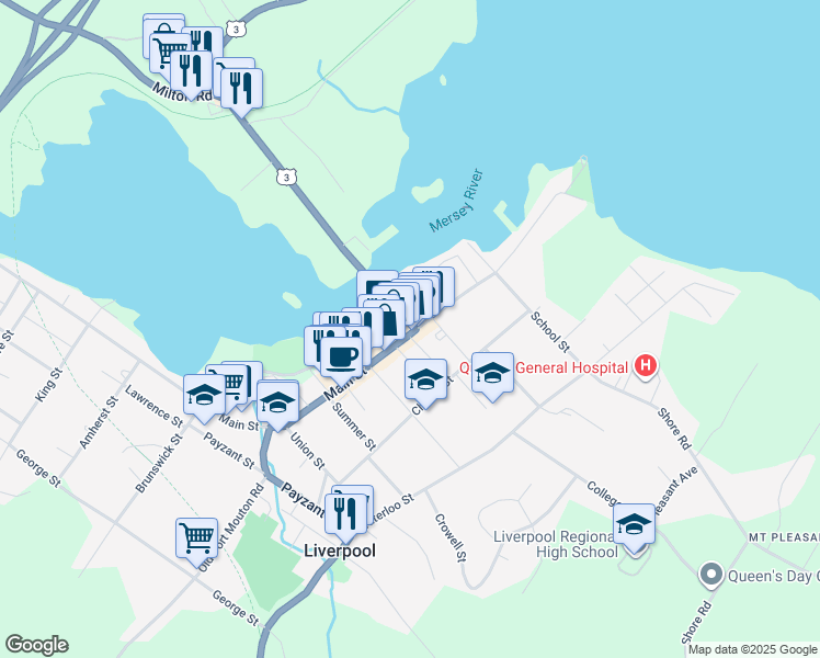 map of restaurants, bars, coffee shops, grocery stores, and more near 190 Main Street in Liverpool