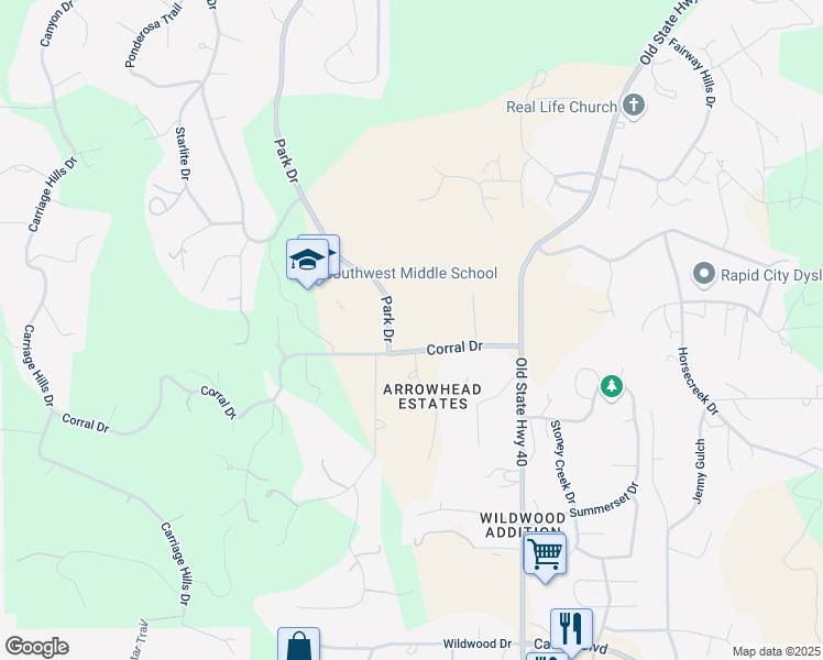map of restaurants, bars, coffee shops, grocery stores, and more near 3455-3497 Corral Dr in Rapid City