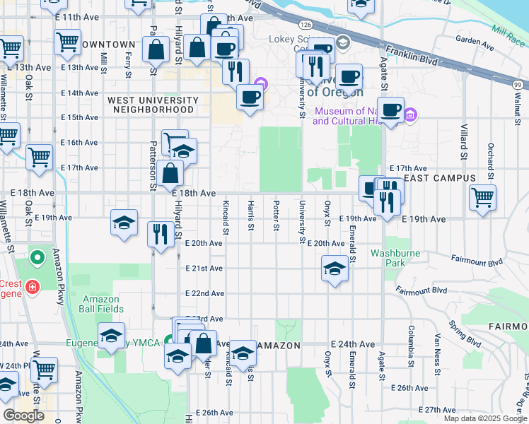 map of restaurants, bars, coffee shops, grocery stores, and more near 1938 Potter Street in Eugene