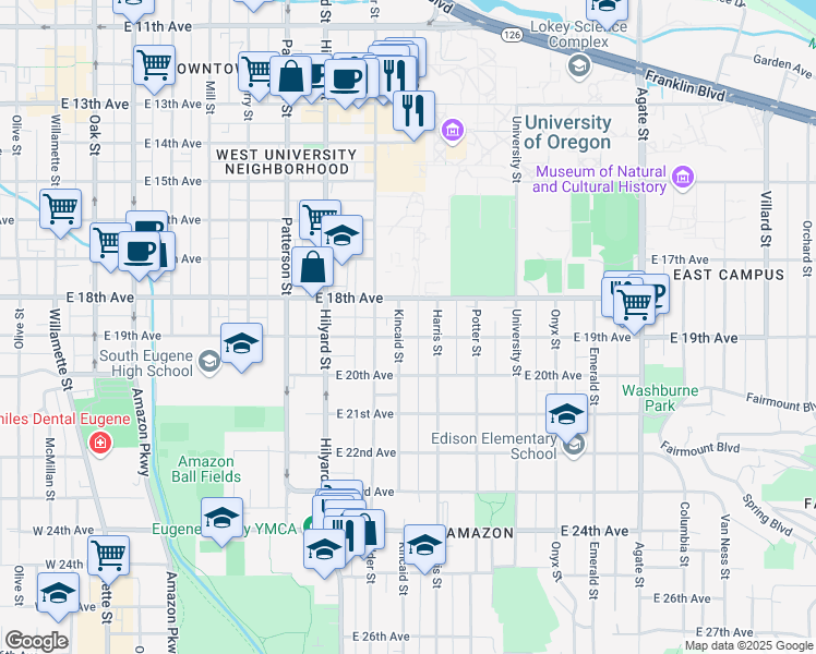 map of restaurants, bars, coffee shops, grocery stores, and more near 885 East 19th Avenue in Eugene