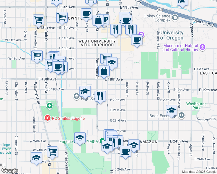 map of restaurants, bars, coffee shops, grocery stores, and more near 1942 Hilyard Street in Eugene