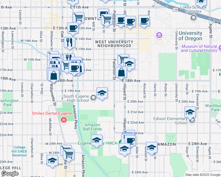 map of restaurants, bars, coffee shops, grocery stores, and more near in Eugene
