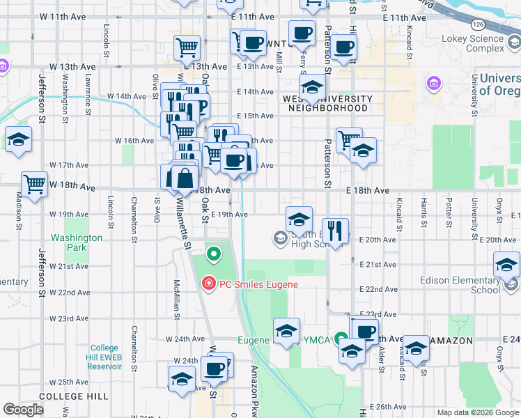 map of restaurants, bars, coffee shops, grocery stores, and more near 285 East 19th Avenue in Eugene